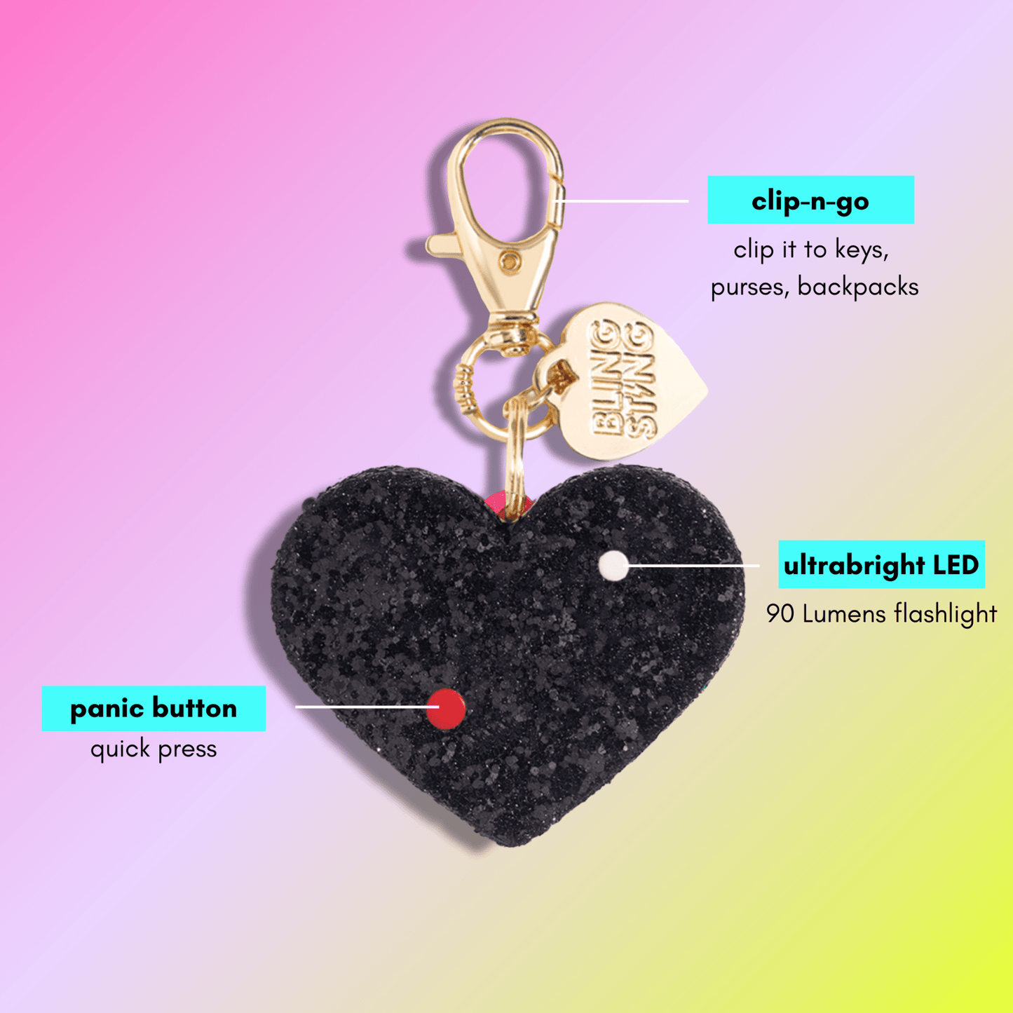 Safety Alarm | Black Glitter Heart - sellblingstingsellblingstingBLACK GLITTER HEART