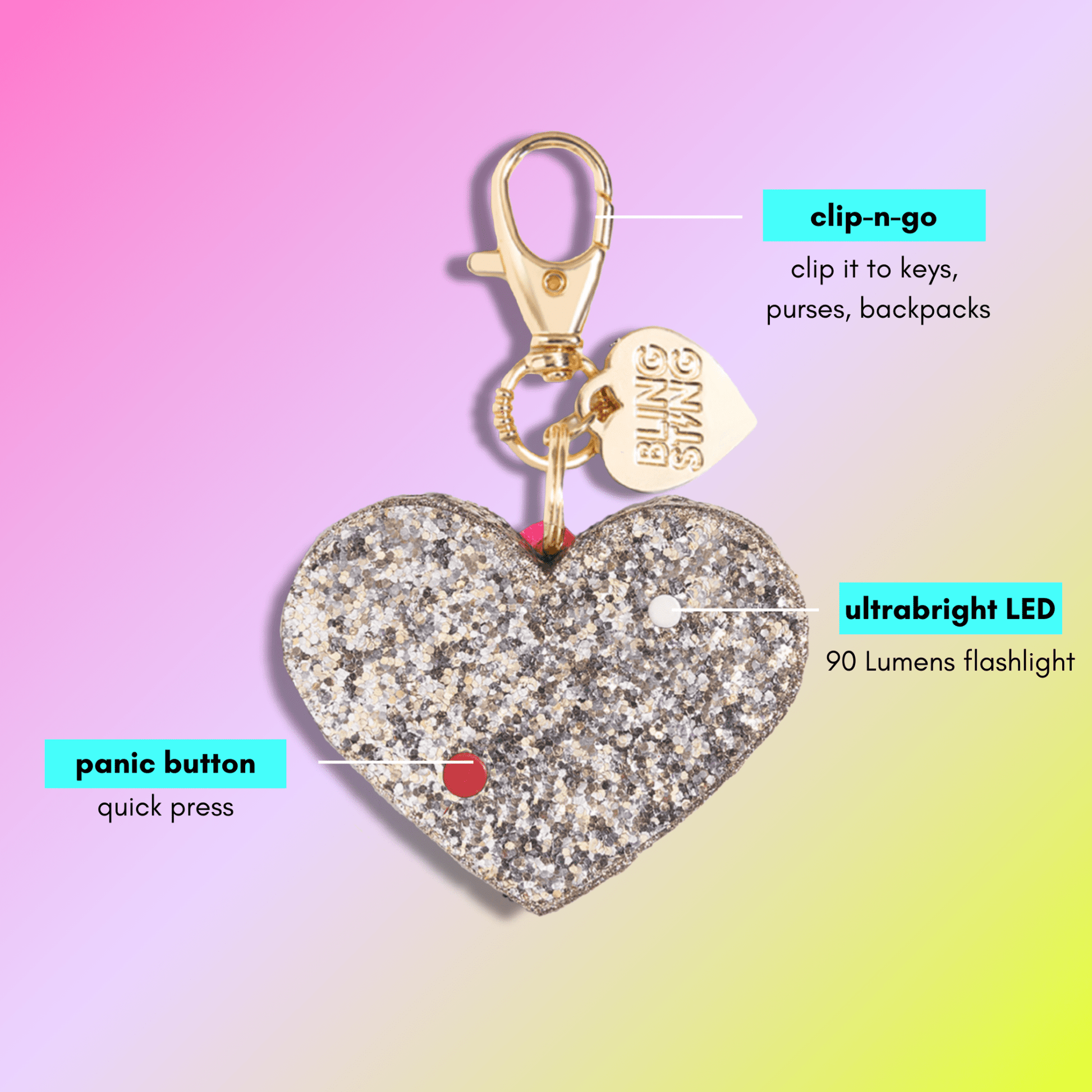 Safety Alarm | Rose Gold Glitter Heart - sellblingstingsellblingsting